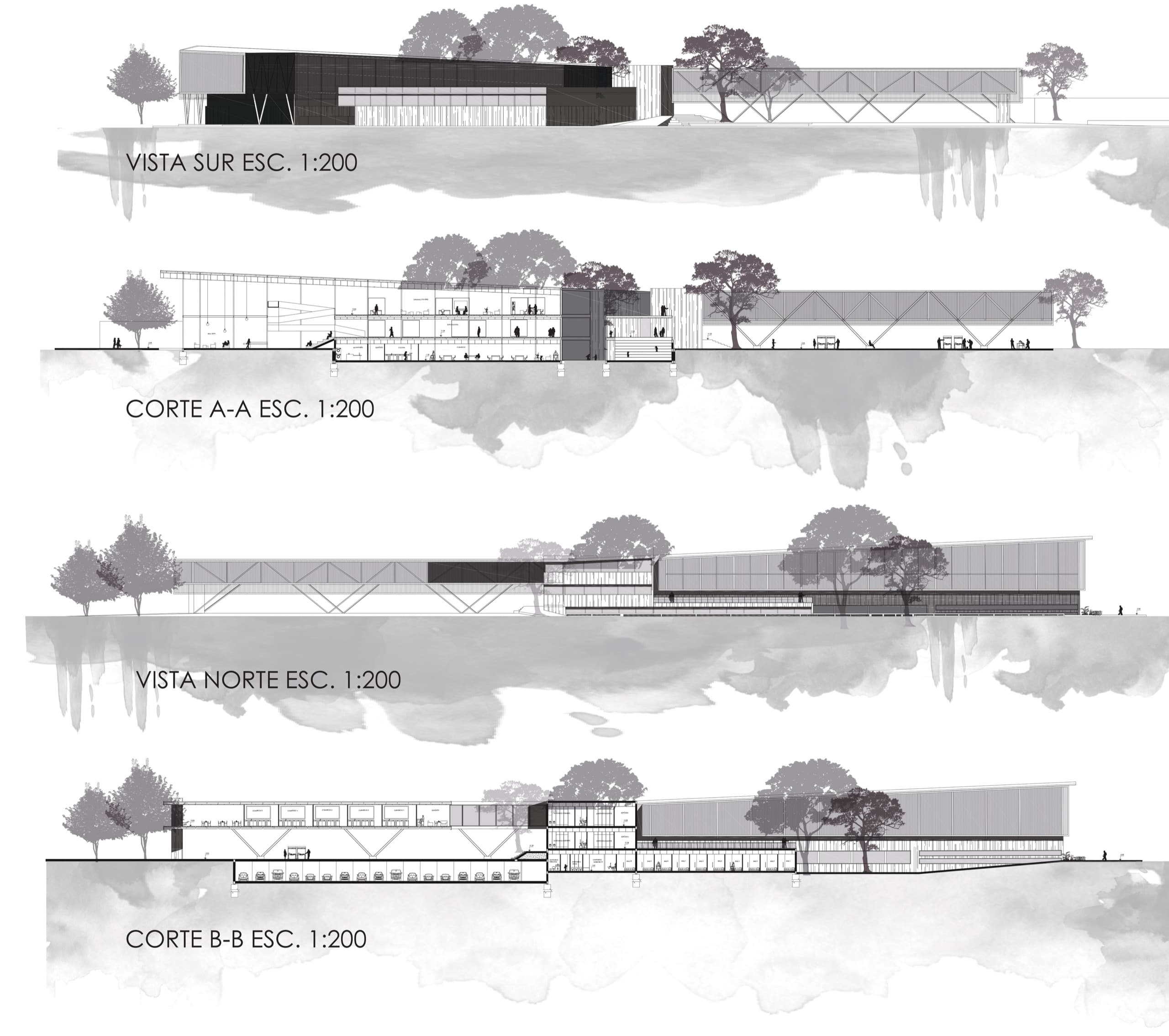 Render interior de Murnia, corredor-estar con cielorraso rojo