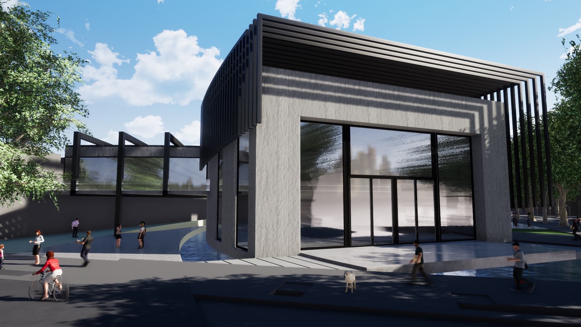 Render de REGEN, edificio elevado sobre la plaza publica con louvers negros