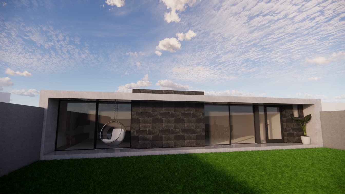 Render de fachada de vivienda contemporanea, dia