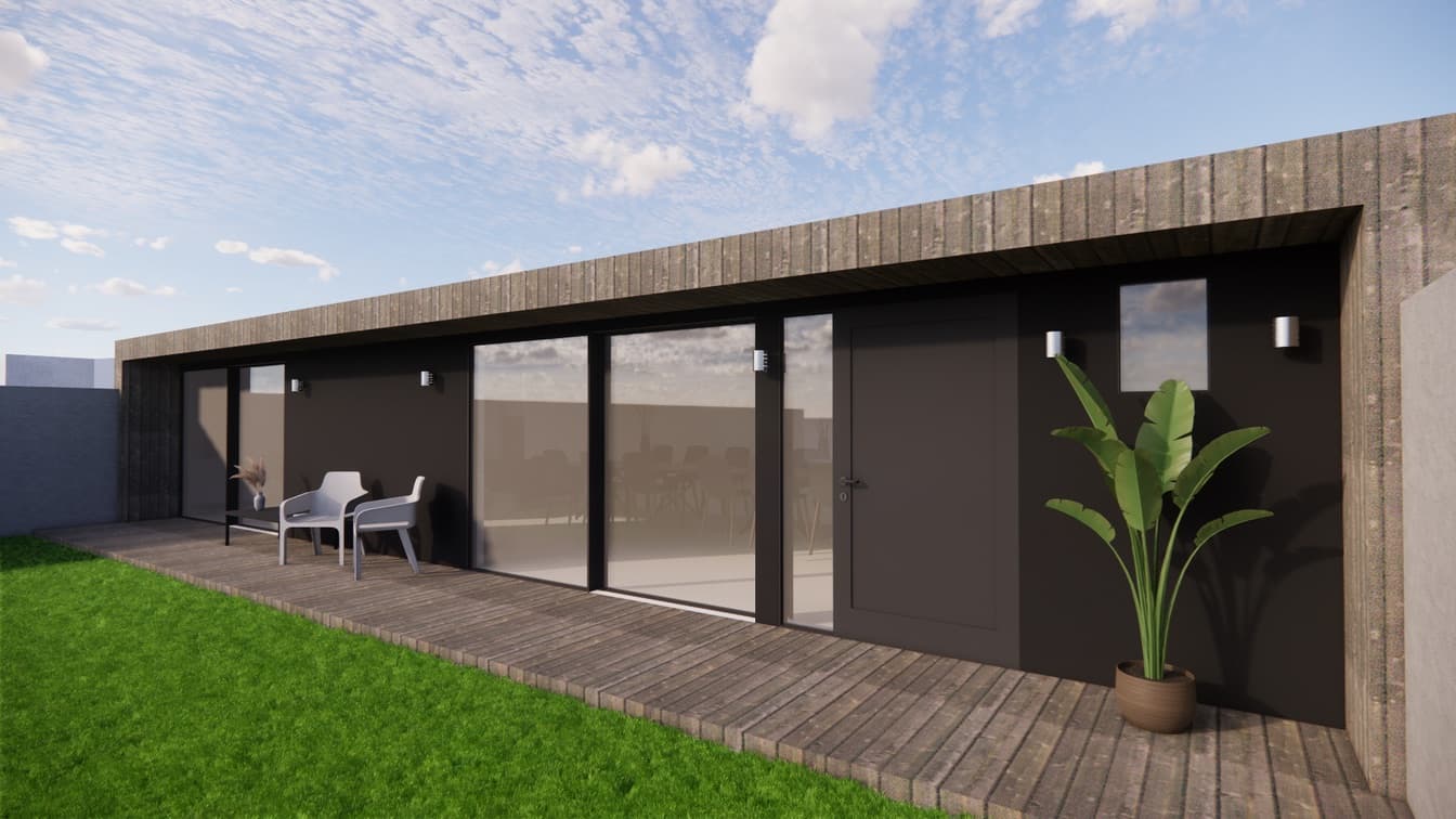 Render de fachada de vivienda contemporanea al atardecer