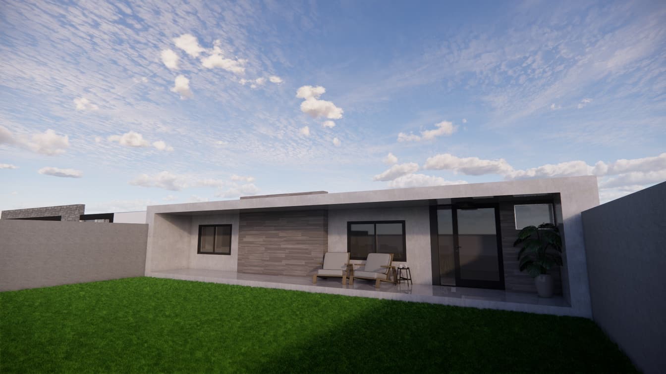 Render de fachada de vivienda con revestimiento de madera, dia