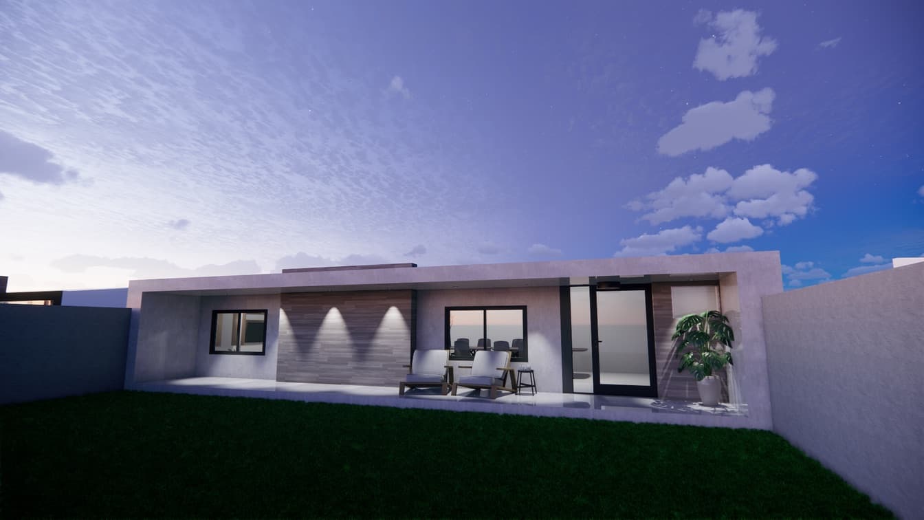 Render de fachada de vivienda al atardecer