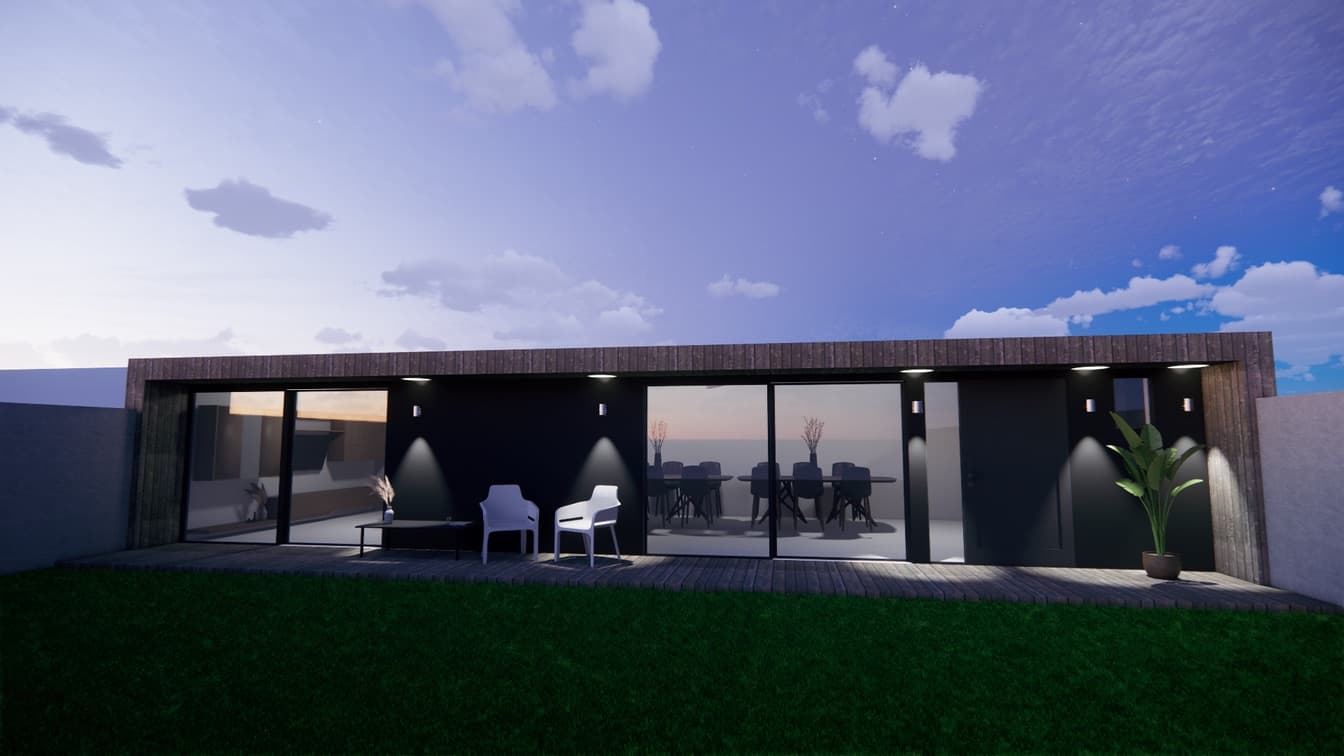 Render de fachada de vivienda, dia