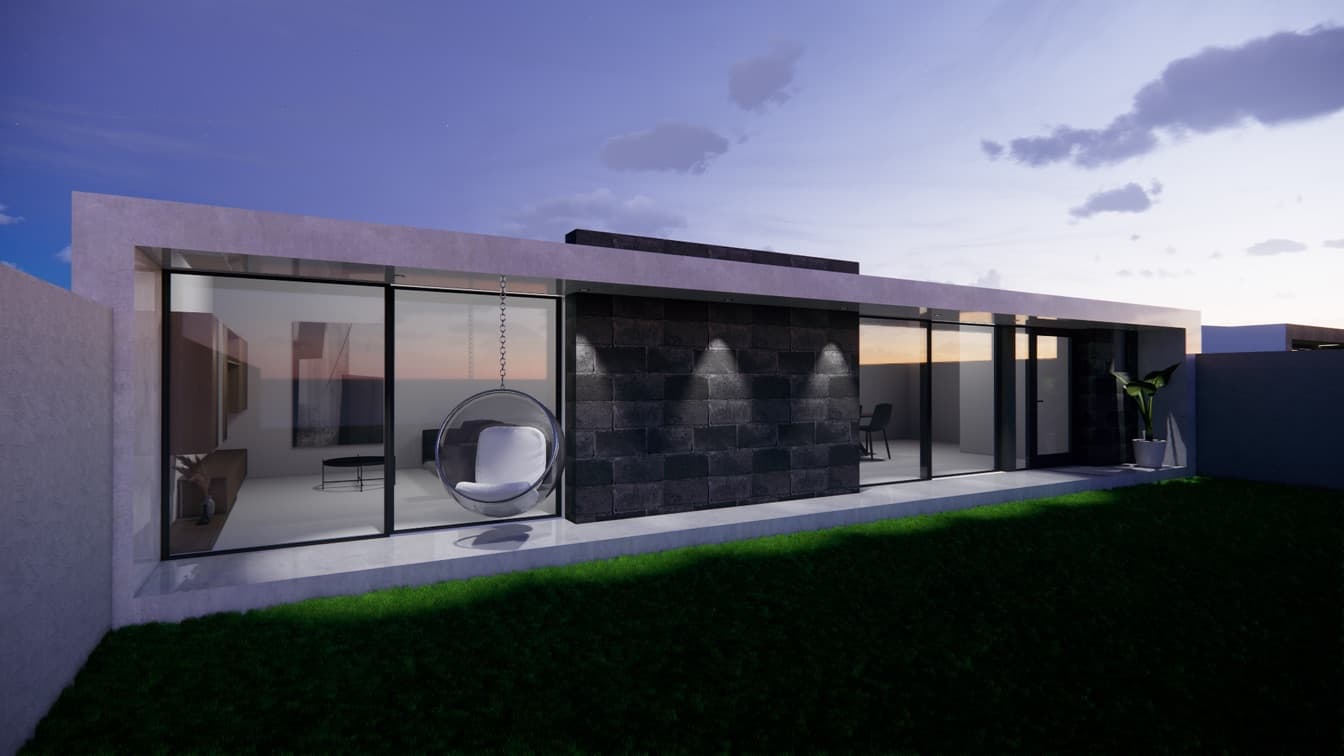 Render de fachada de vivienda al atardecer