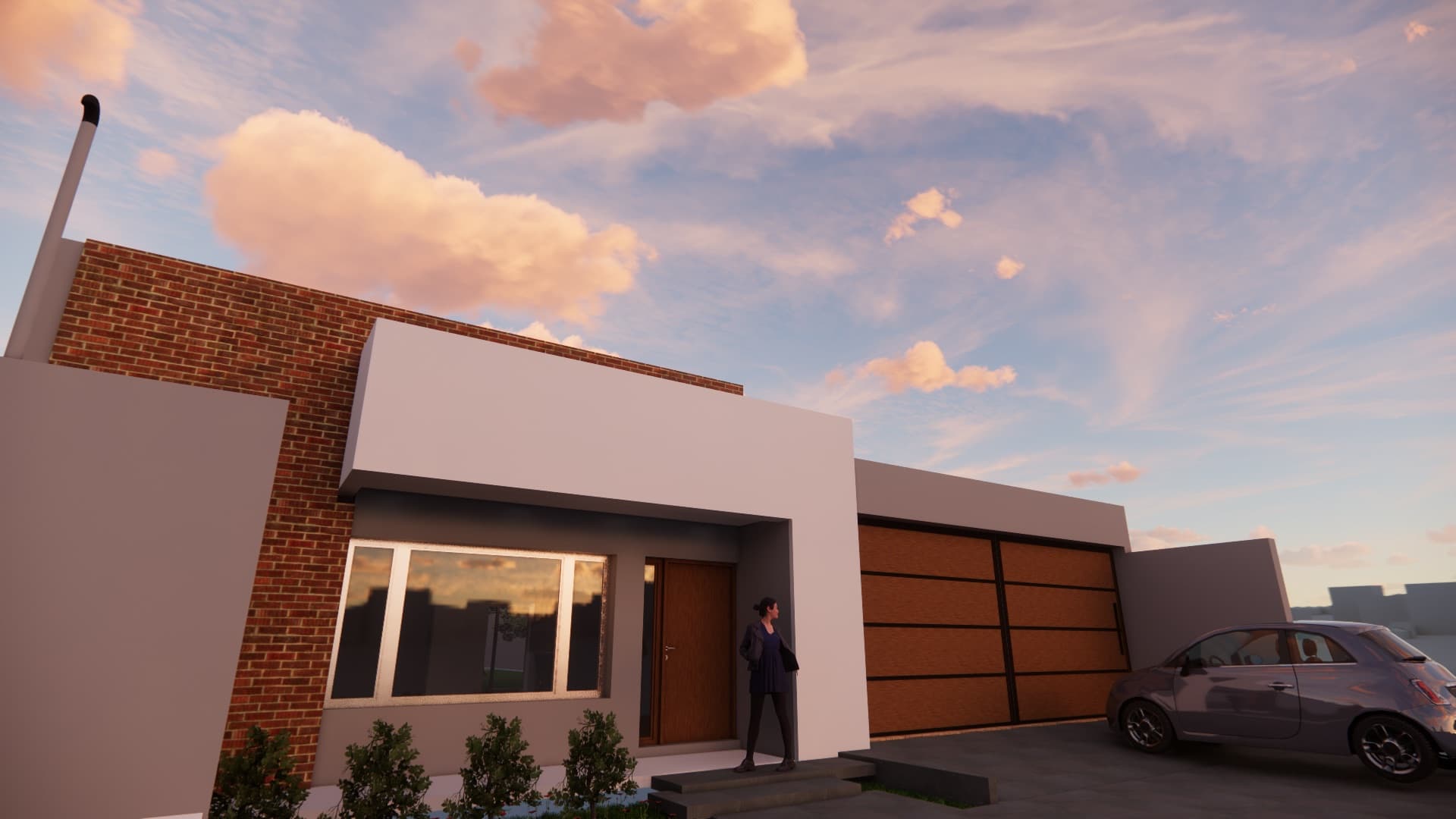 Render de fachada de vivienda con porton de madera al atardecer rosado