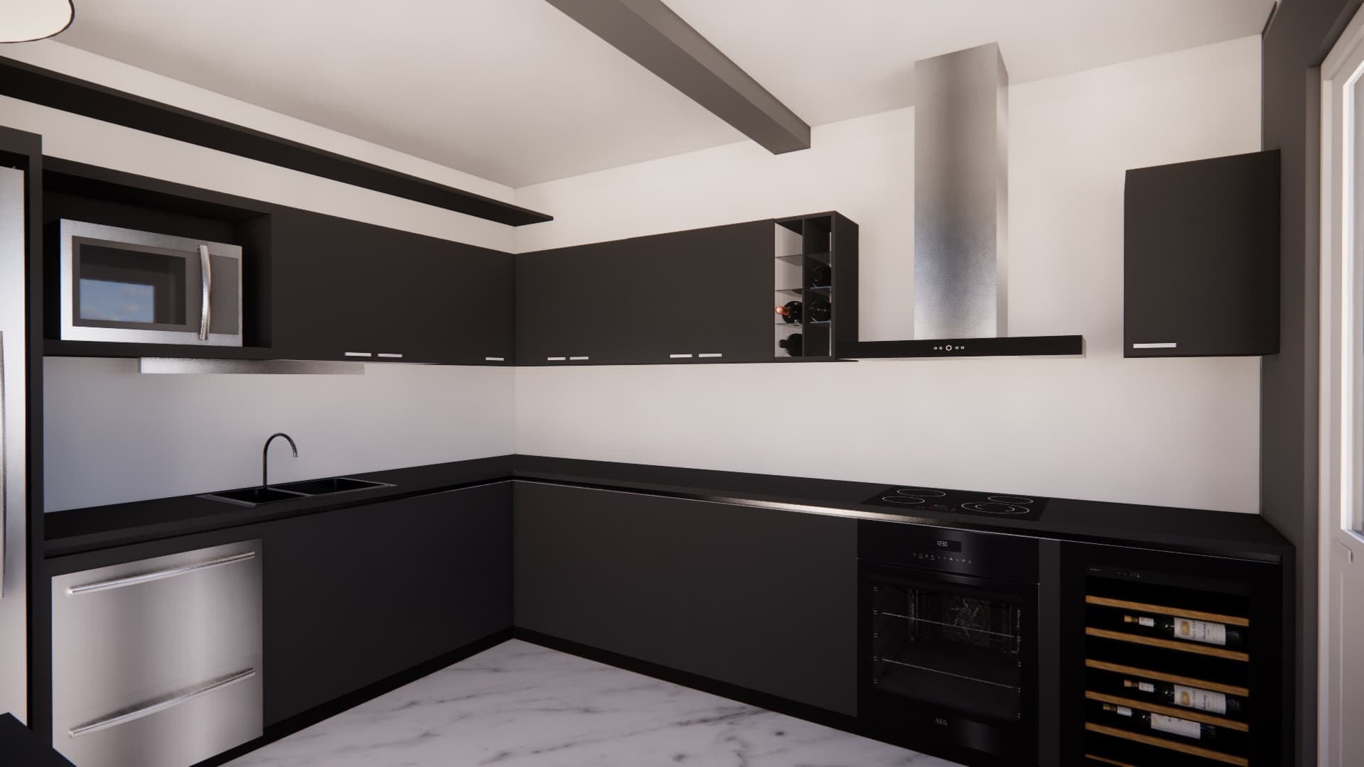 Render de cocina negra con campana de acero y piso de marmol