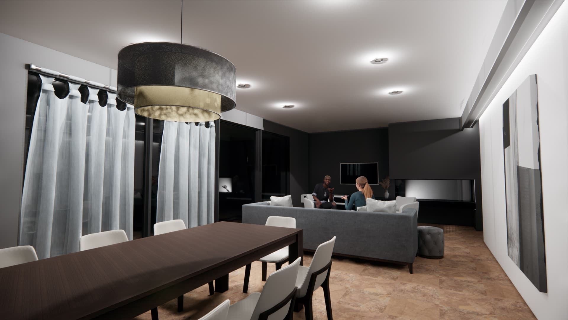 Render de estar-comedor con lampara tambor y sofa gris