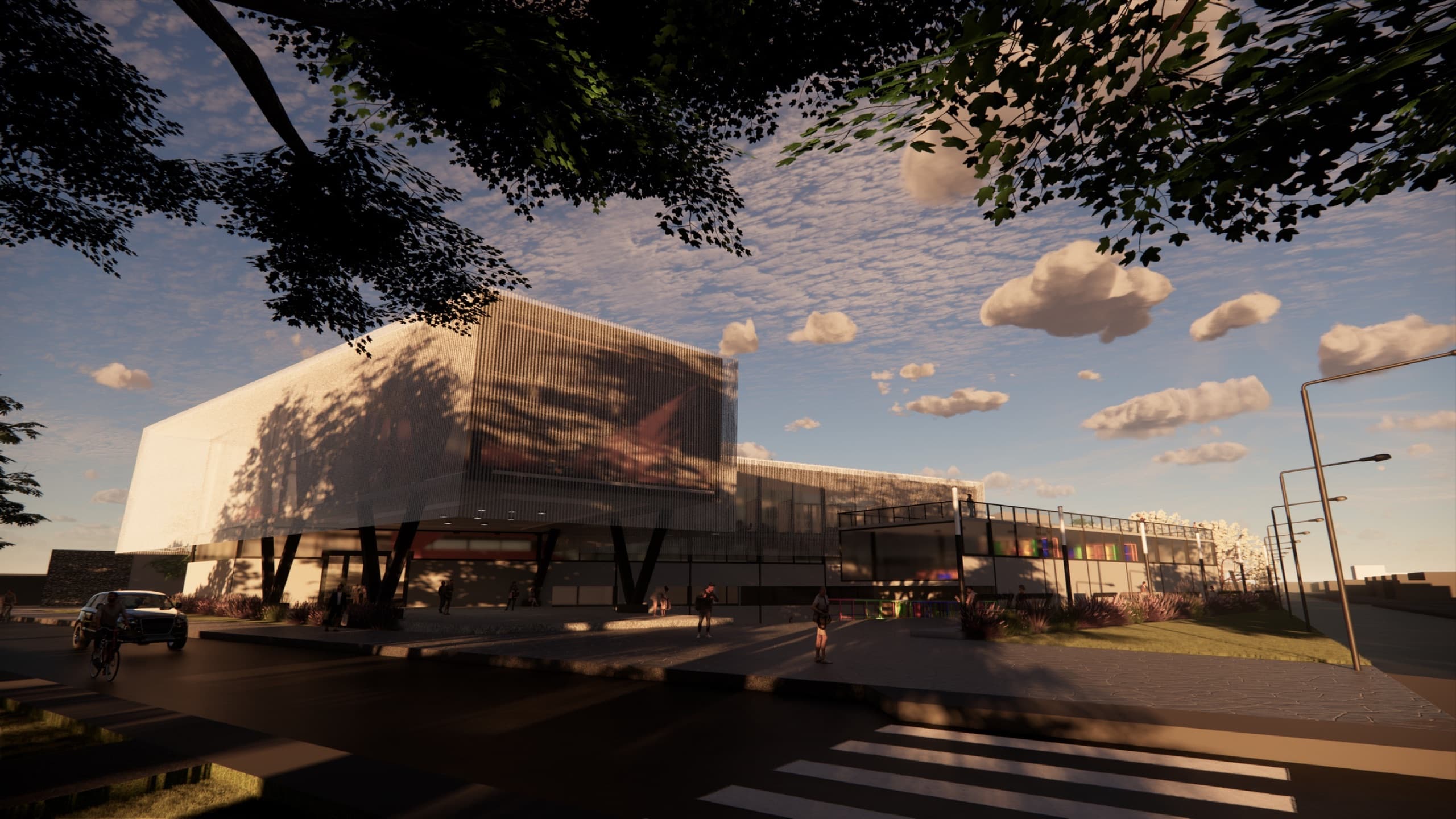 Render exterior de Murnia al atardecer, edificio de vidrio y estructura contra cielo dramatico