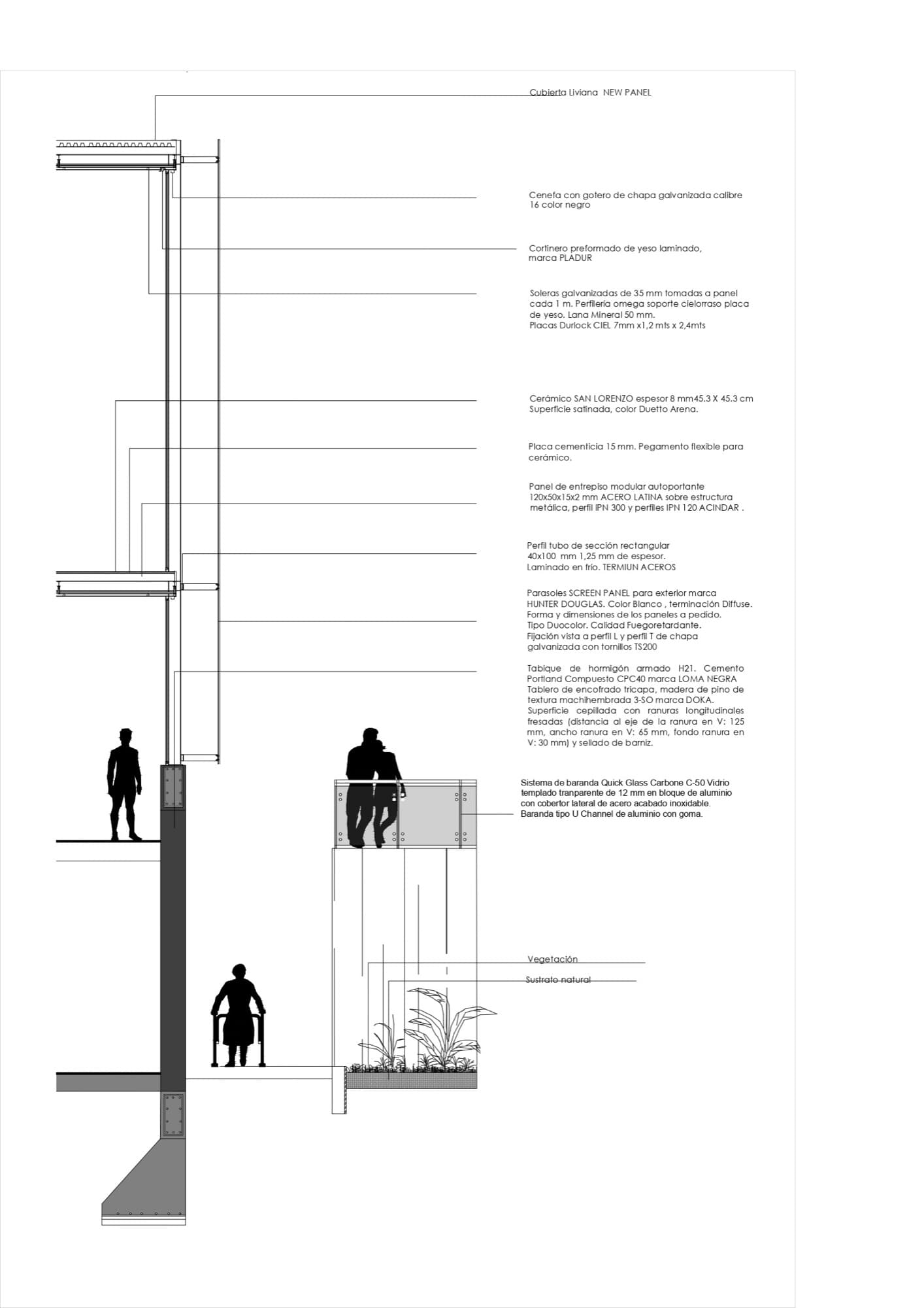 Corte constructivo en detalle de Murnia con anotaciones de materiales
